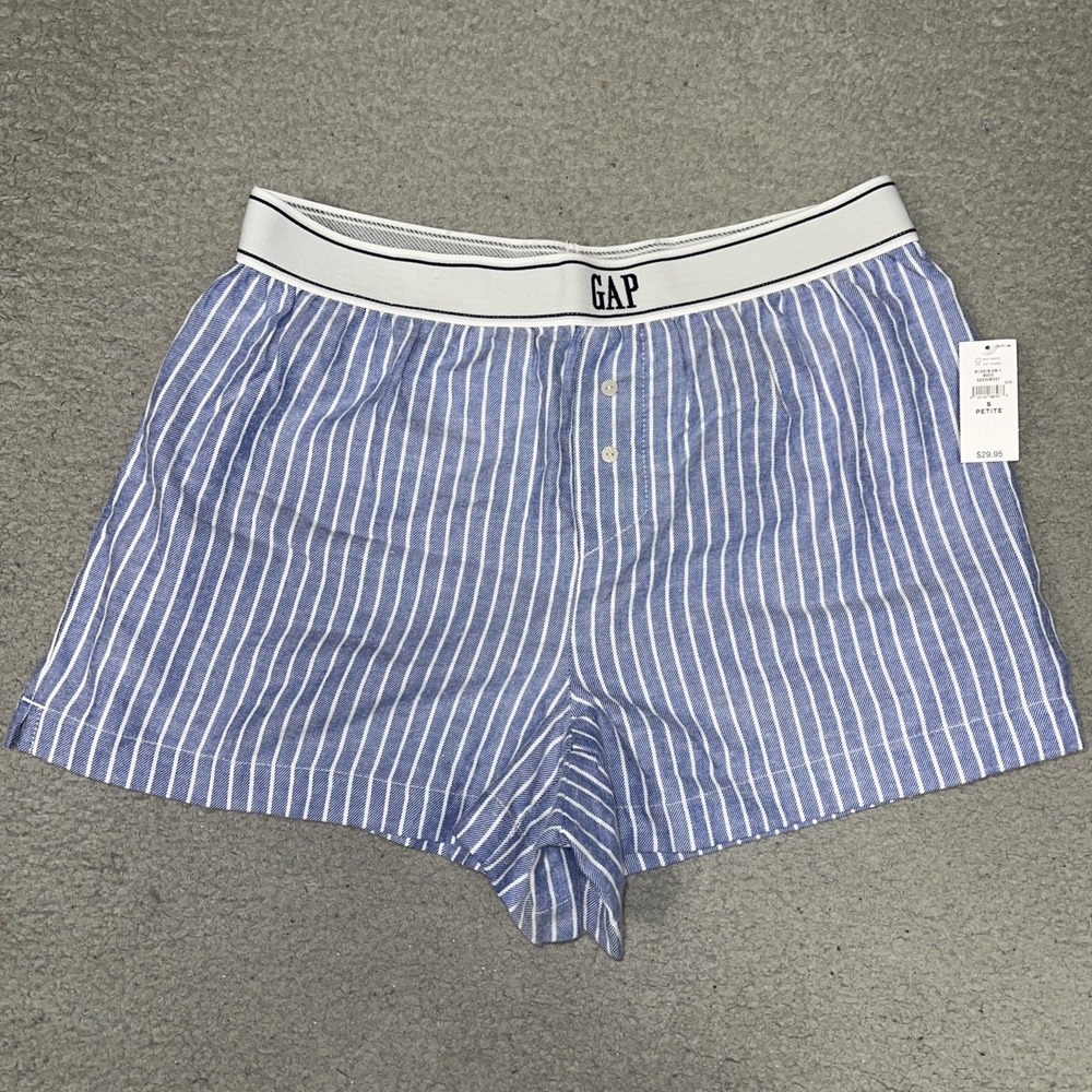 Gap PJ Boxer Shorts Women's Sz S Petite Blue Pinstripe Flannel Elastic Waistband